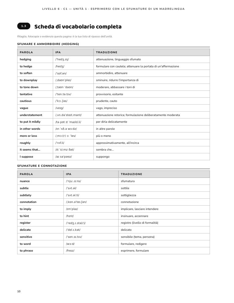 Pagina 10 del libro: Vocabolario e sfumature