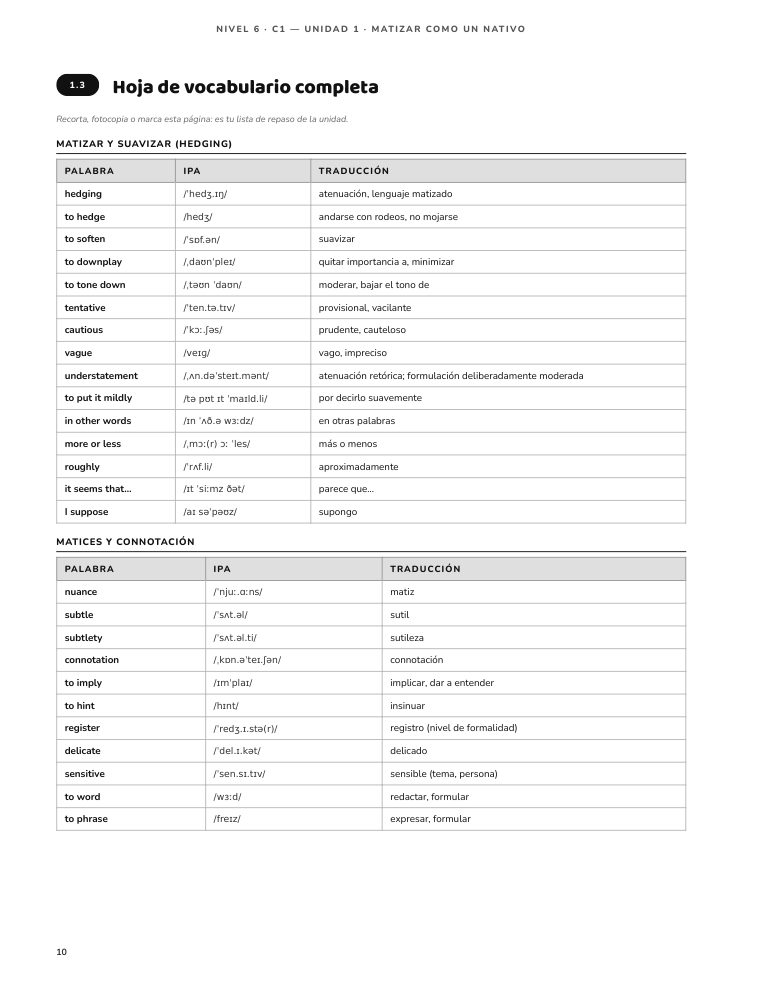 Página 10 del libro: Vocabulario y matices