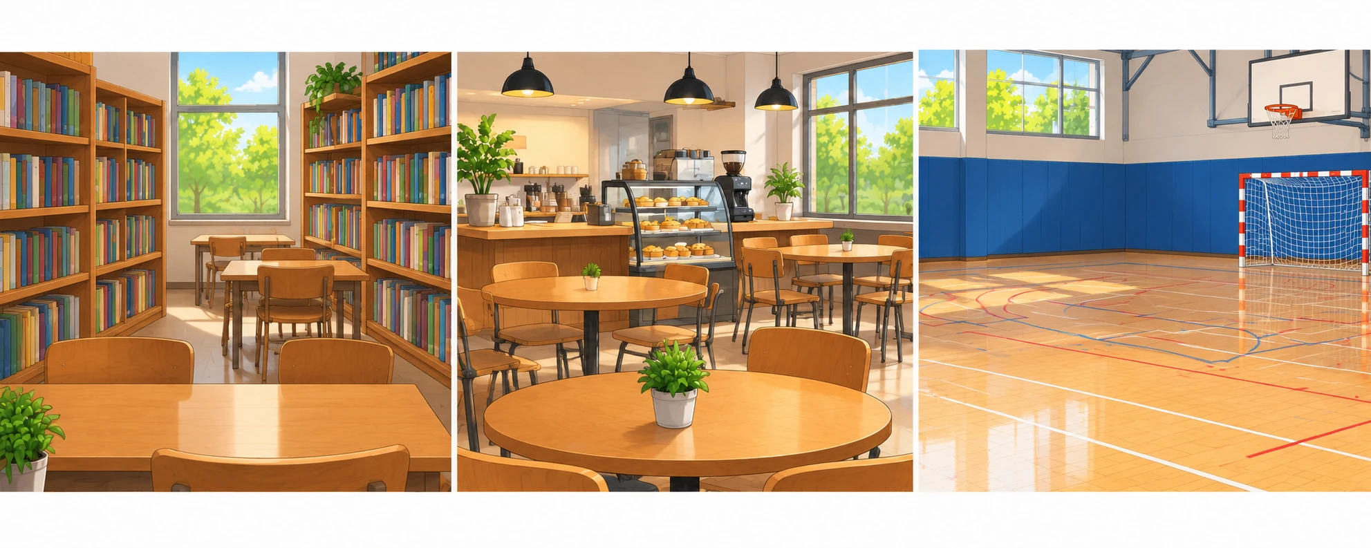 From left to right: a library, a café and a sports hall.