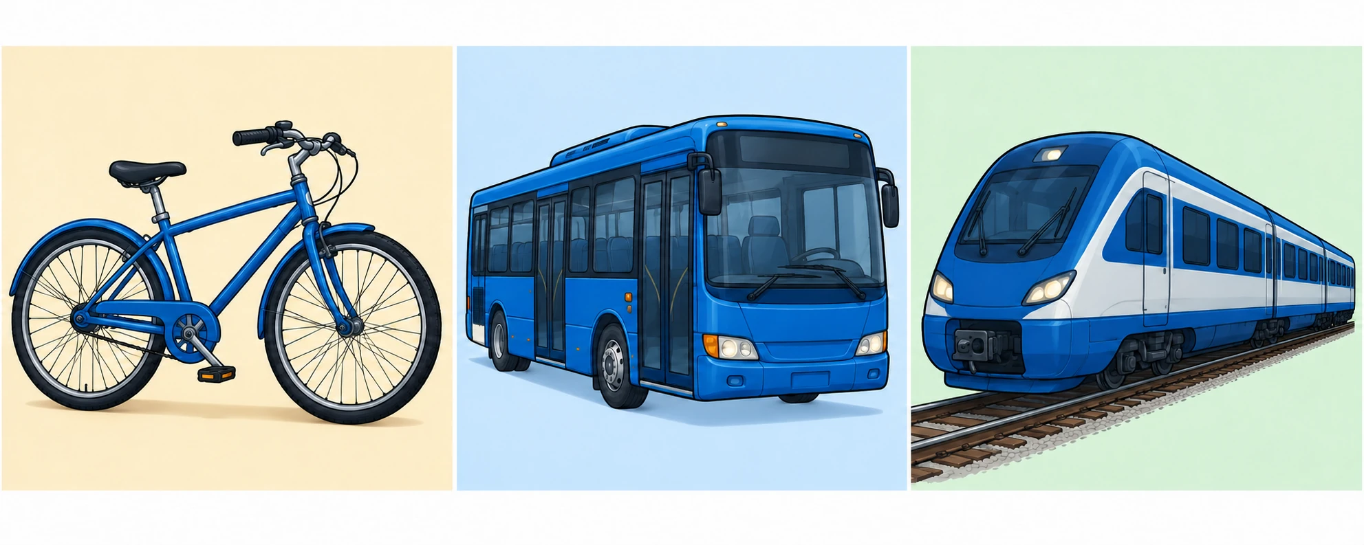 From left to right: a bicycle, a bus and a train.