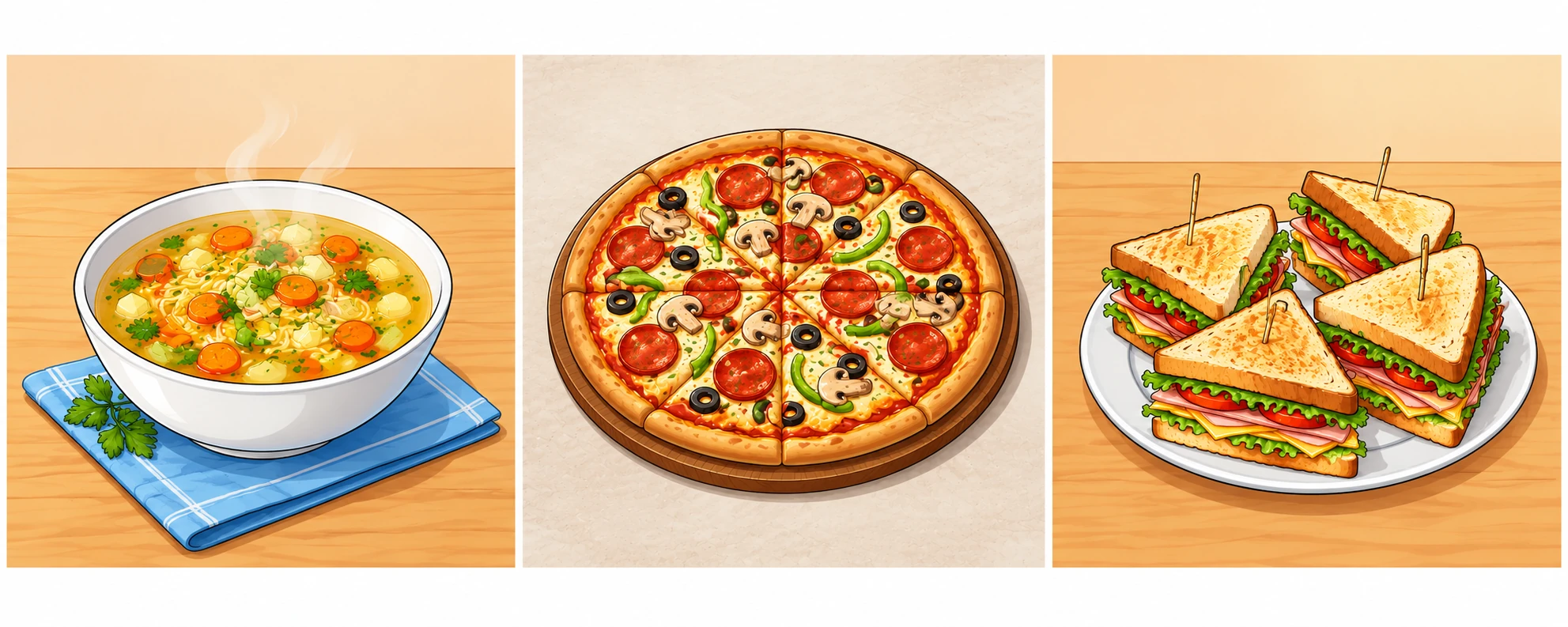 From left to right: soup, pizza and sandwiches.