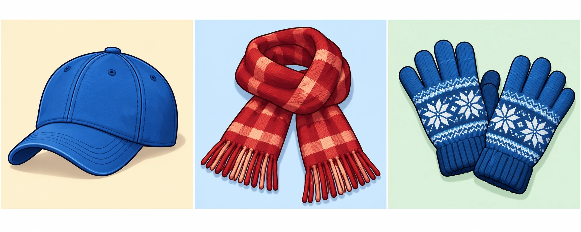 From left to right: a blue cap, a red scarf and blue gloves.