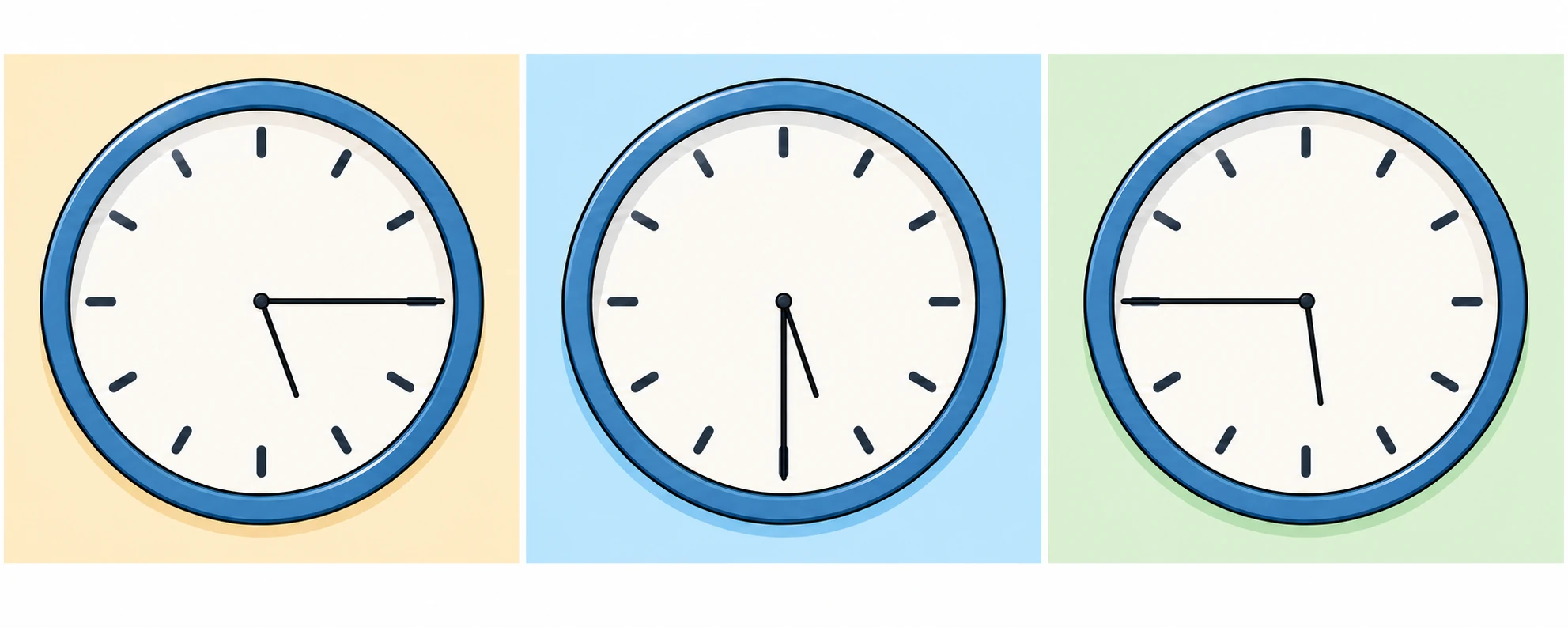 From left to right: clocks showing 5:15, 5:30 and 5:45.