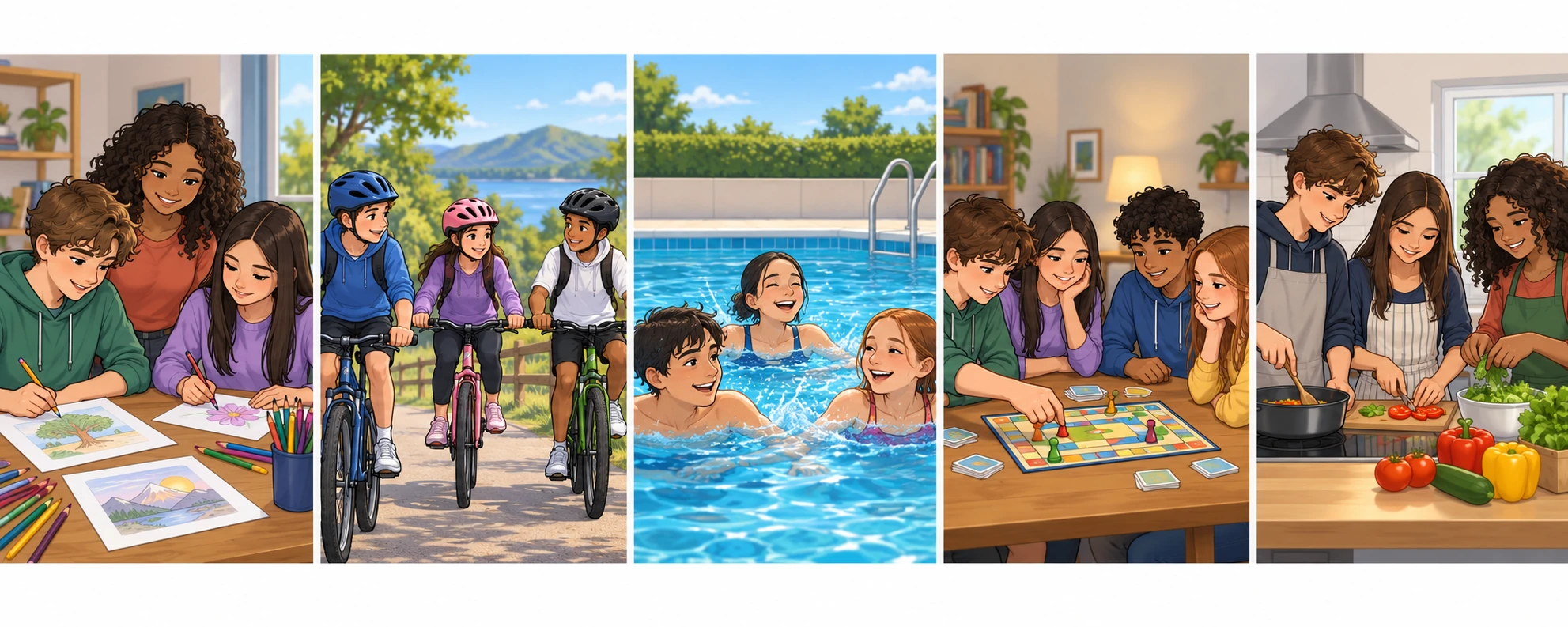 Five scenes: teenagers drawing, cycling, swimming, playing a board game and cooking.