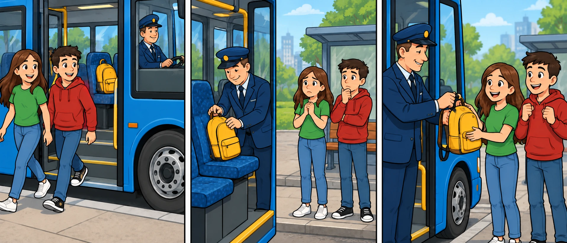 Four scenes: two friends leave a yellow bag on a bus; the driver finds it; the friends wait worried at the stop; the driver returns their bag.