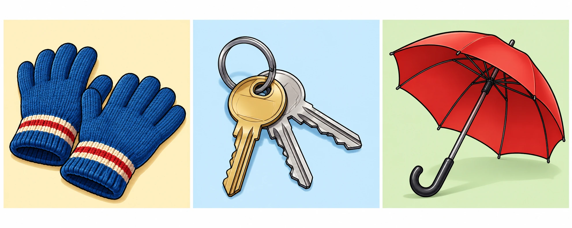 From left to right: gloves, keys and an umbrella.