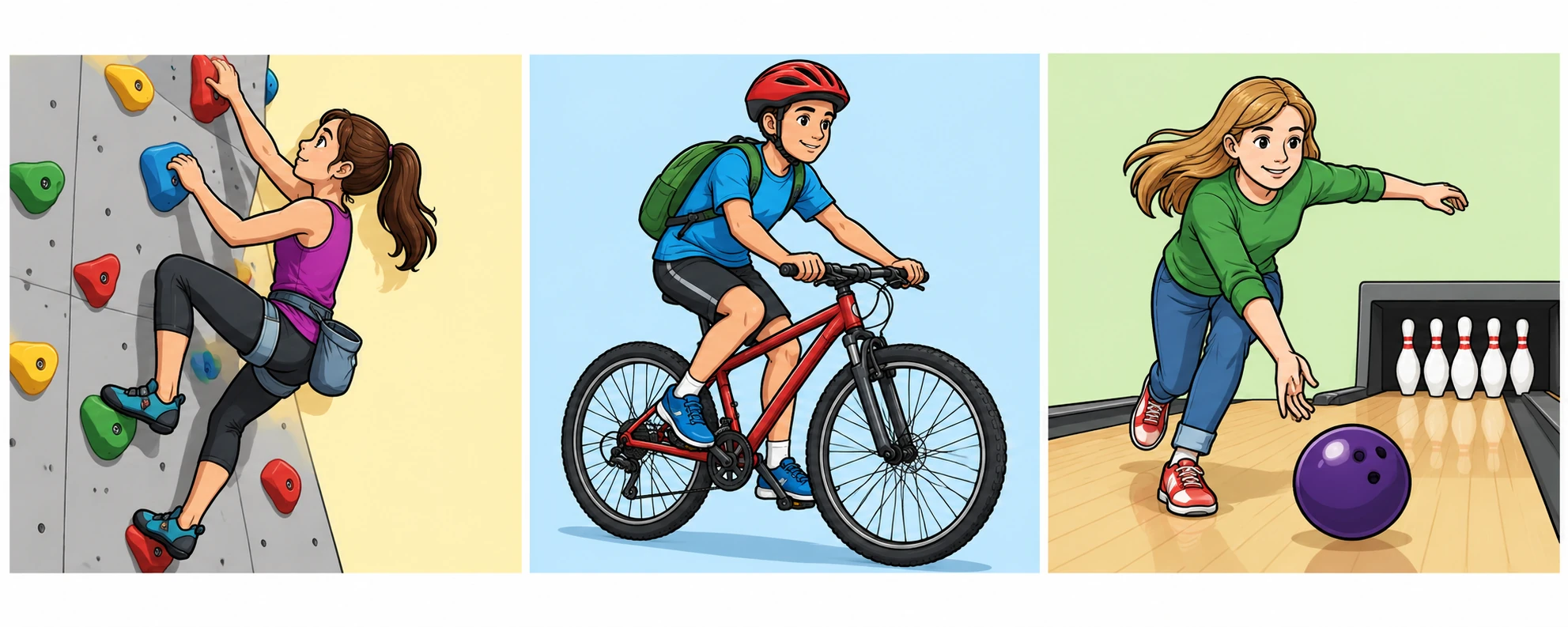 From left to right: climbing, cycling and bowling.