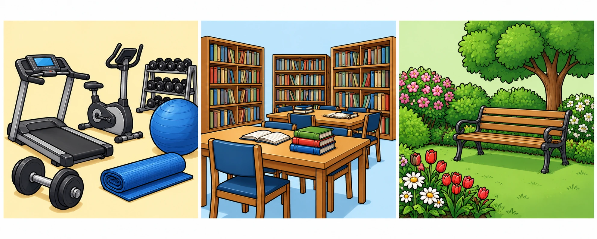 From left to right: a gym, a library and a garden.