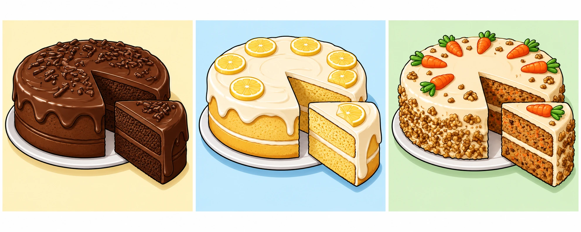 From left to right: chocolate cake, lemon cake and carrot cake.