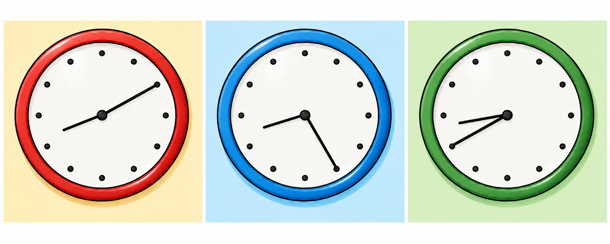 From left to right: clocks showing 8:10, 8:25 and 8:40.