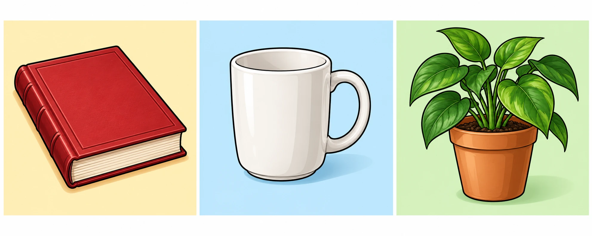 From left to right: a book, a mug and a plant.
