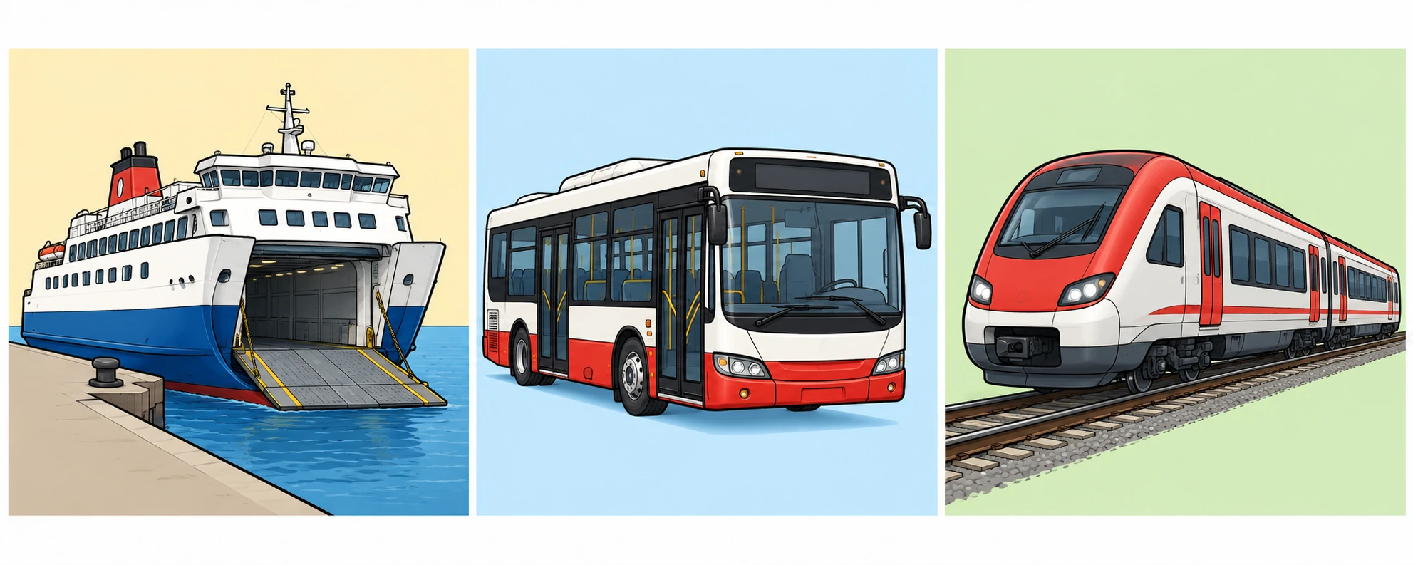 From left to right: a ferry, a bus and a train.