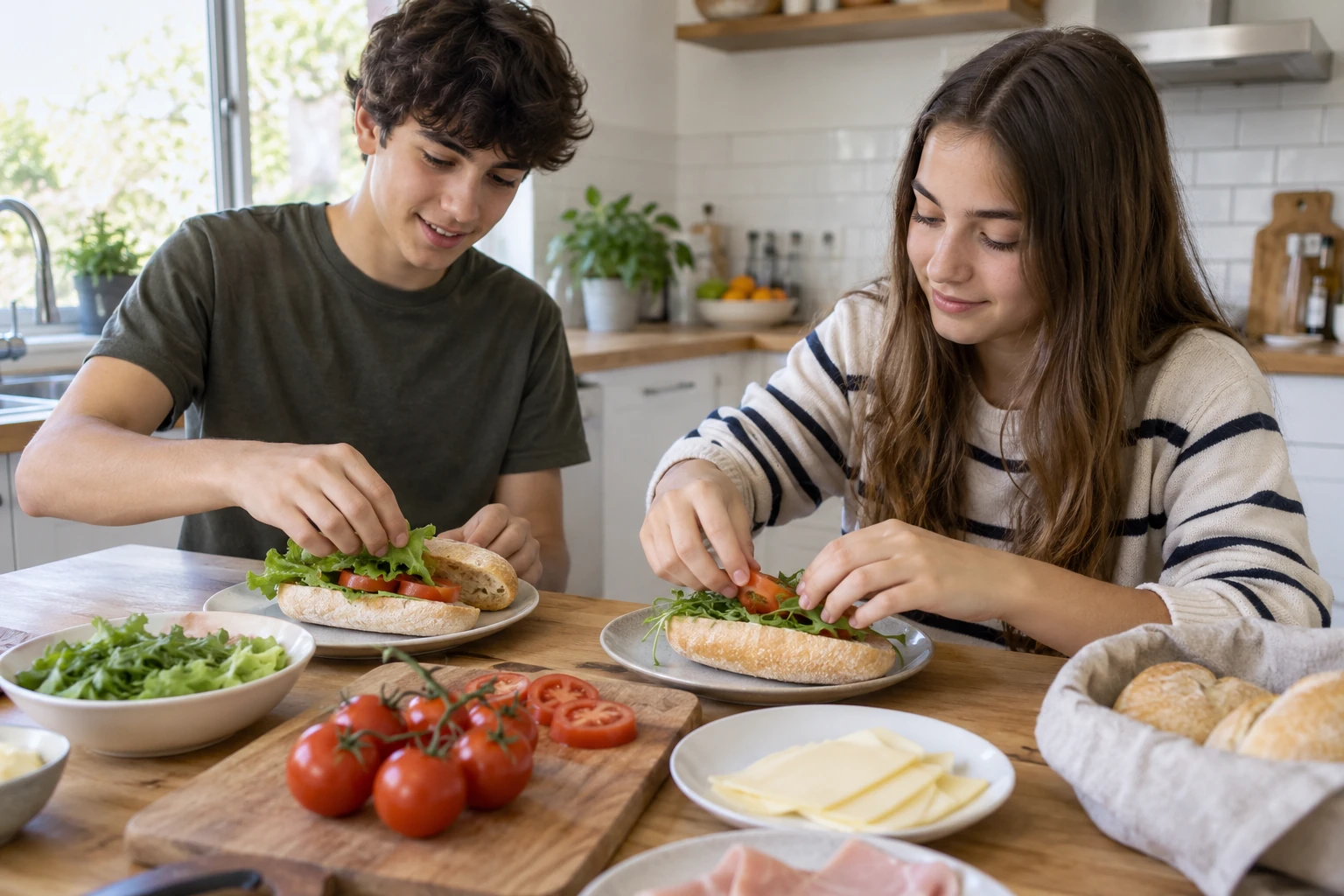 Two teenagers prepare sandwiches with lettuce and tomato.