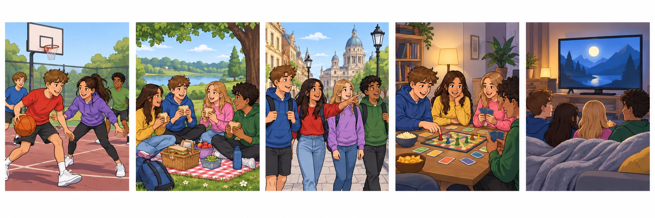 Five scenes: teenagers play basketball, have a picnic, visit a city, play a board game and watch a film.