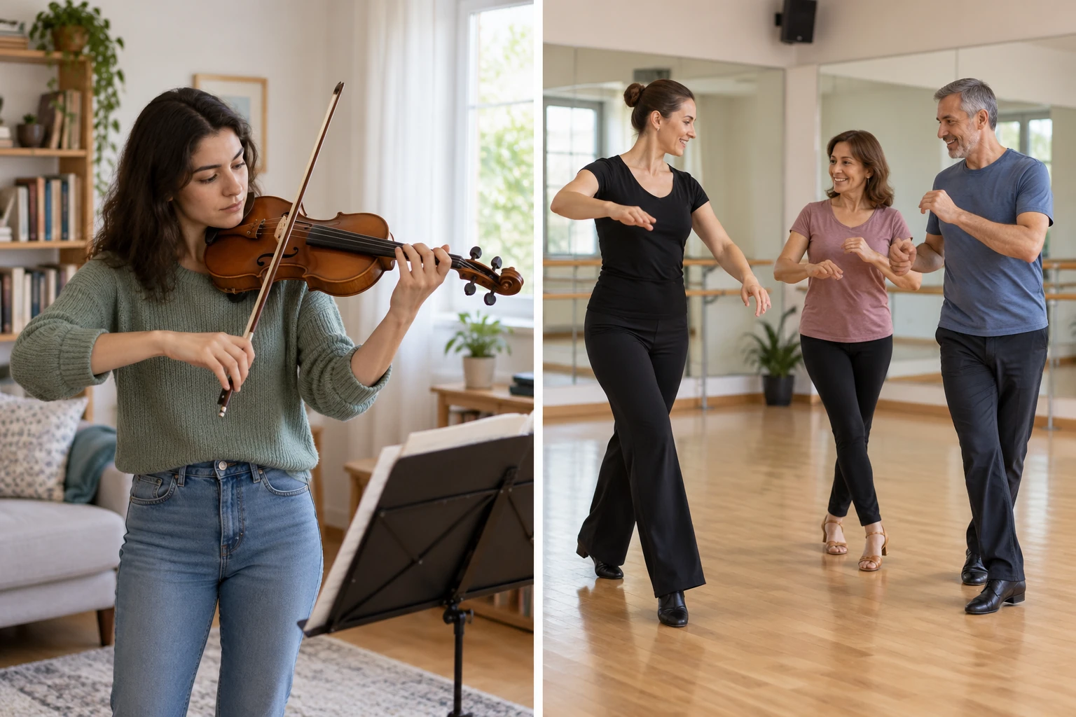 Two photographs: a woman practises the violin at home; an instructor teaches a couple to dance.