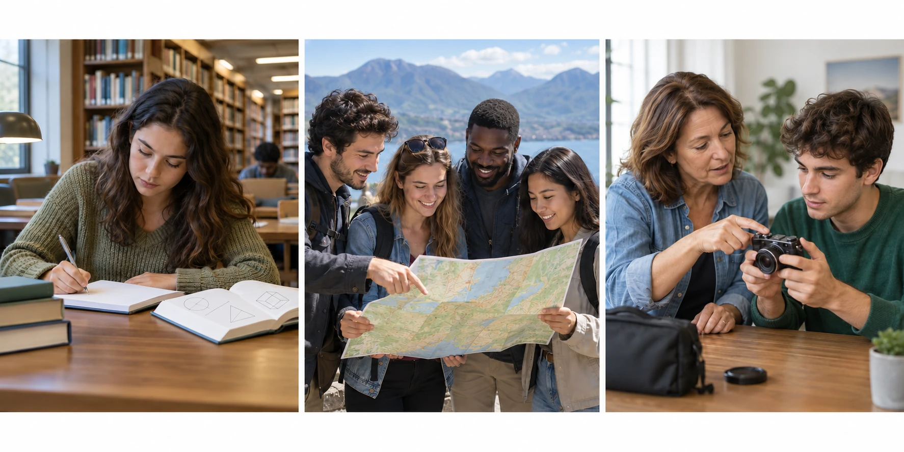 Three photographs: a woman studies shapes in a library; hikers use a map; a woman explains how to use a camera.