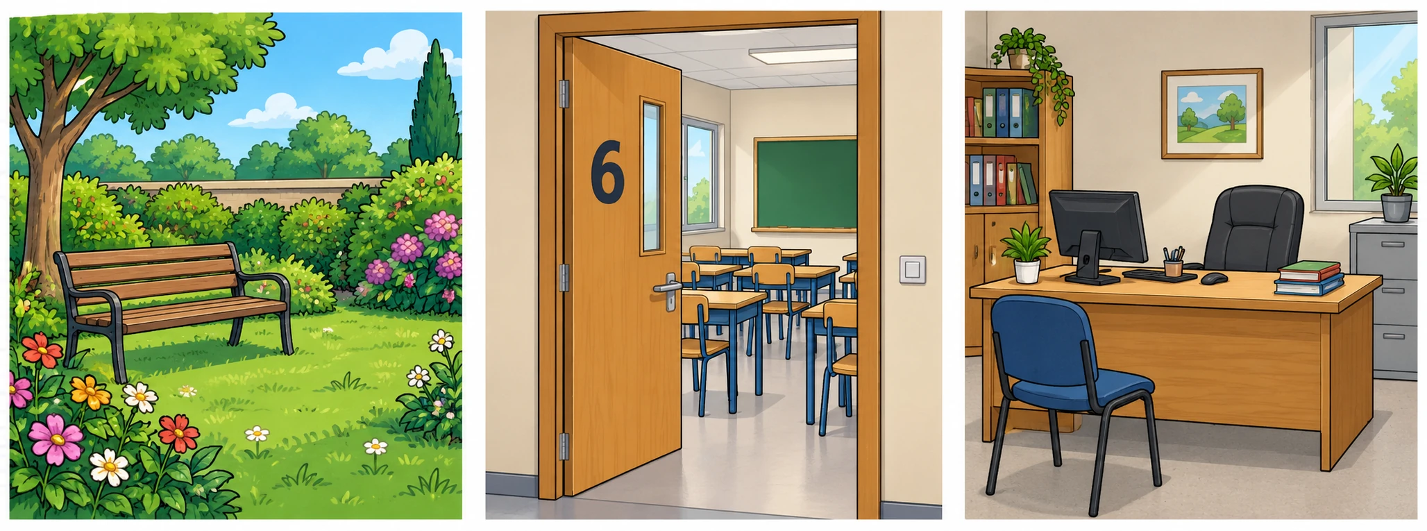 De gauche à droite : un jardin, la salle de classe 6 et un bureau.