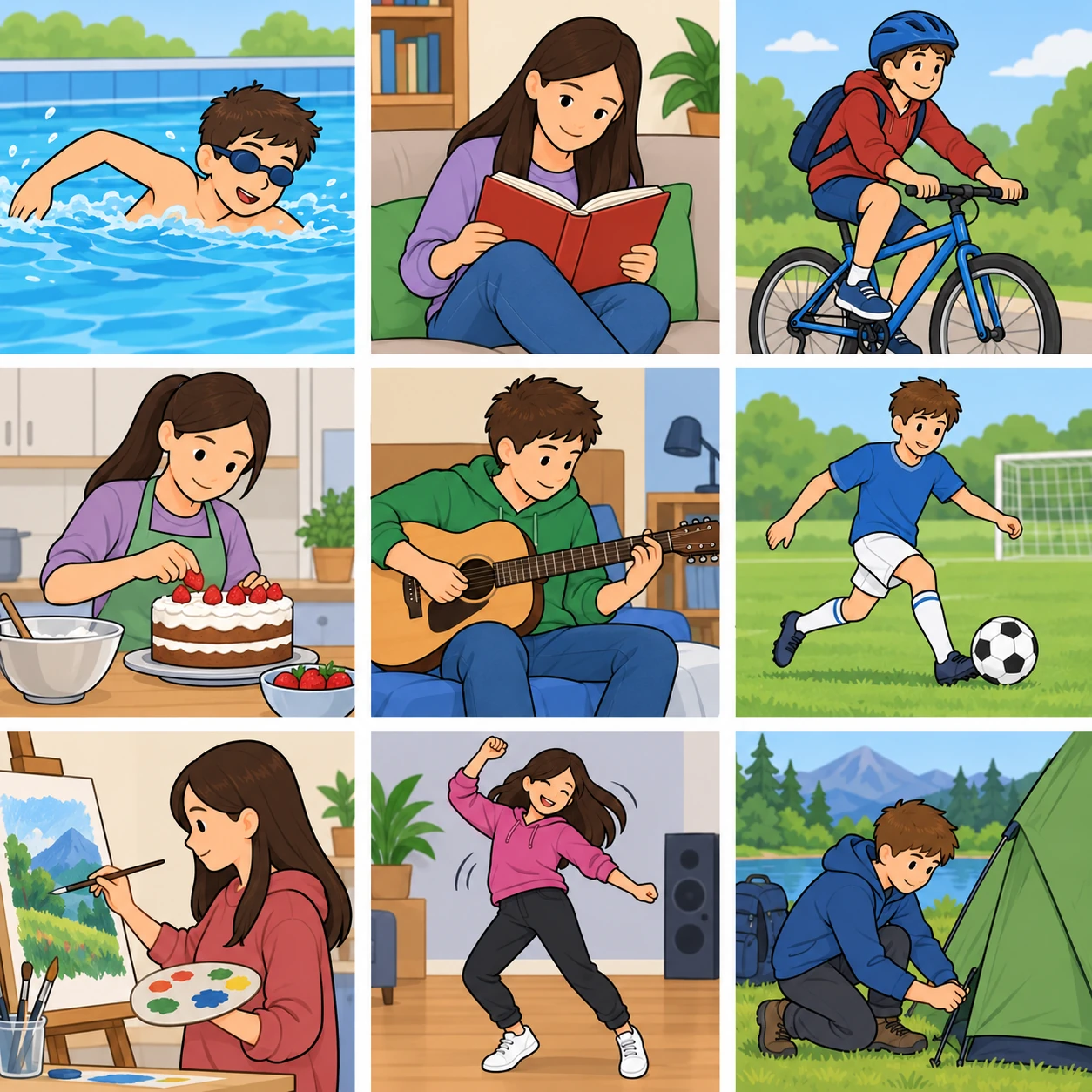 Neun Bilder, zeilenweise von links nach rechts: schwimmen, lesen, Rad fahren; backen, Gitarre spielen, Fußball spielen; malen, tanzen, zelten.