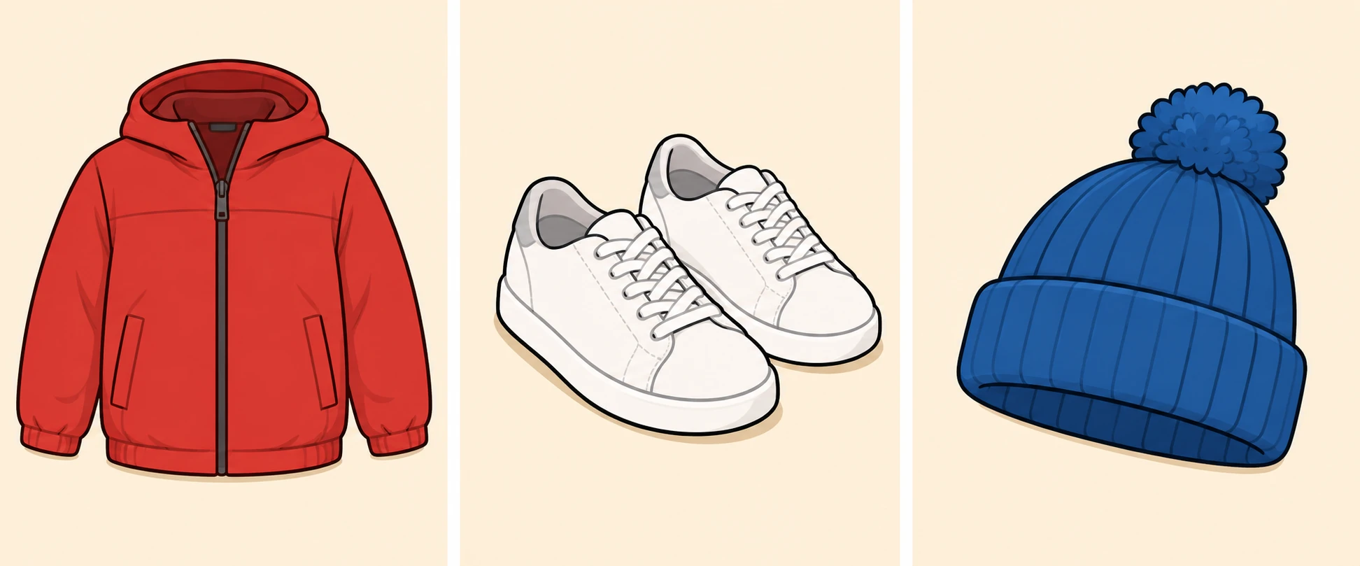 Von links nach rechts: eine Jacke, Schuhe und eine Mütze.