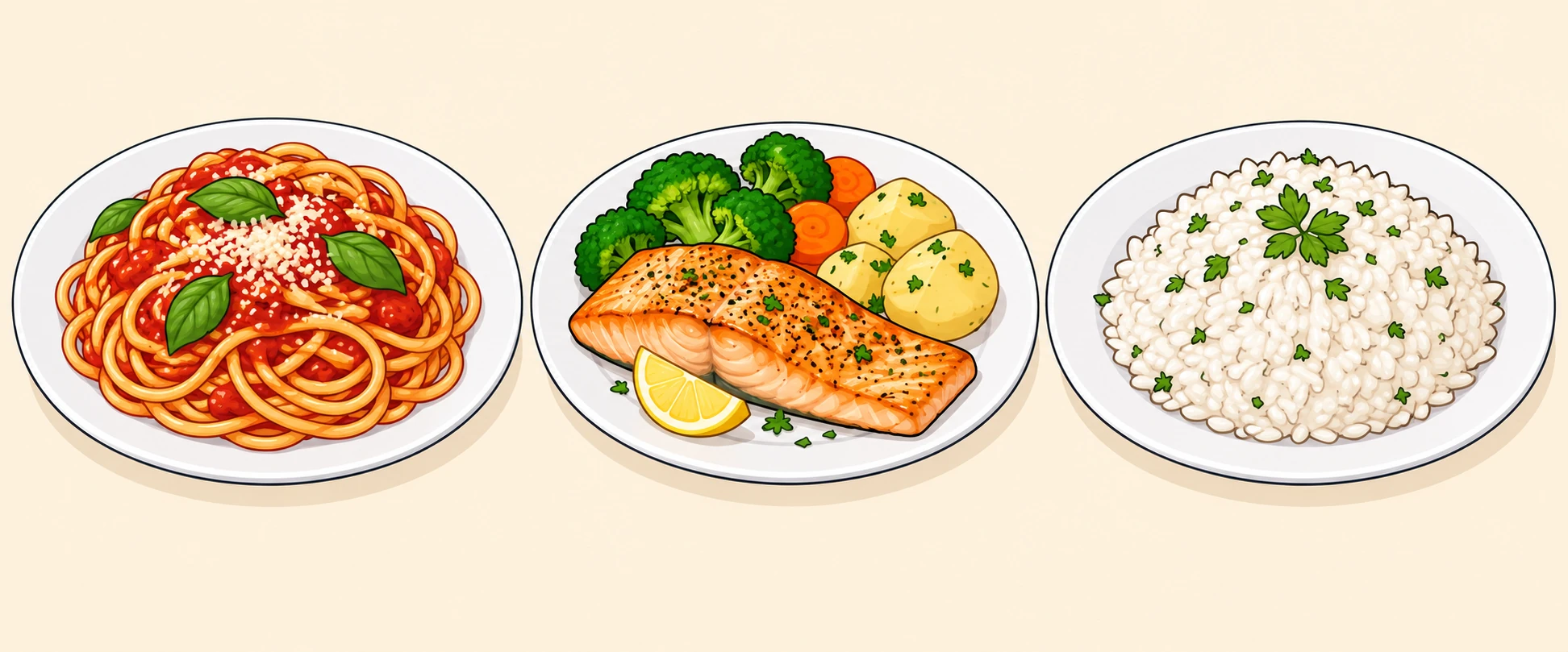 Von links nach rechts: Nudeln, Fisch und Reis.