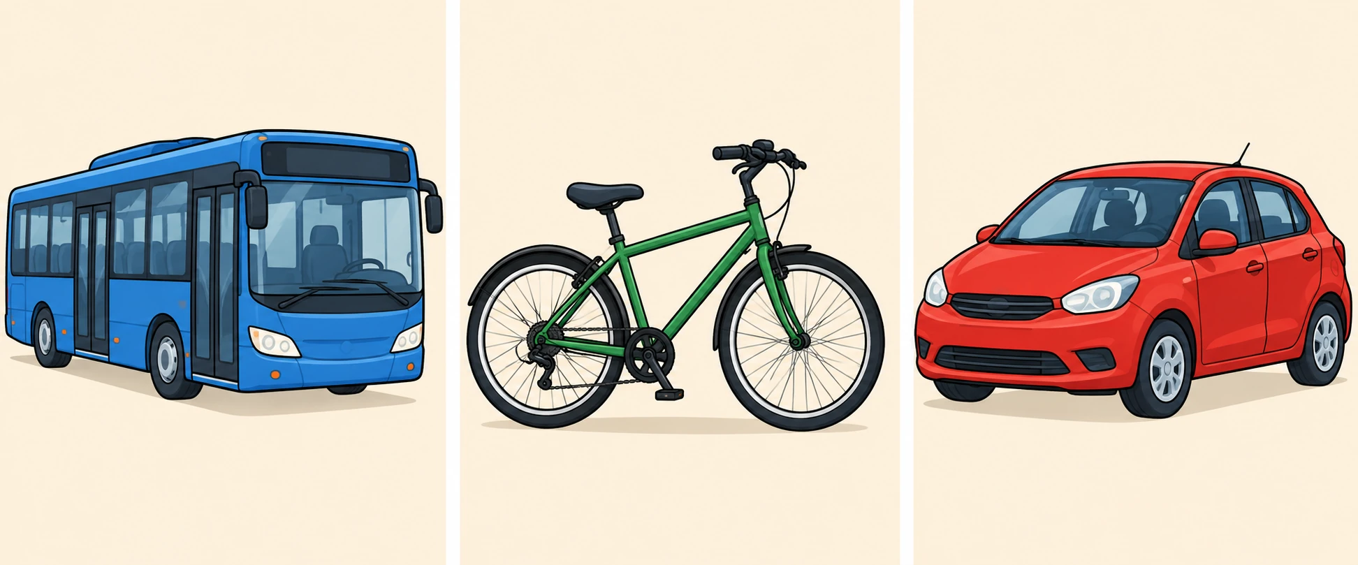 Von links nach rechts: ein Bus, ein Fahrrad und ein Auto.