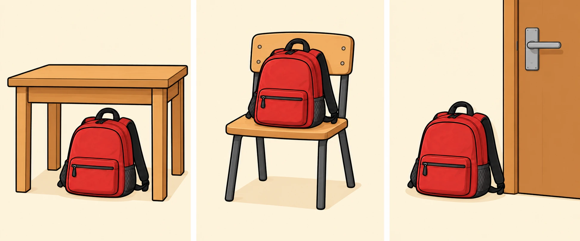Von links nach rechts: ein Rucksack unter dem Tisch, auf dem Stuhl und neben der Tür.