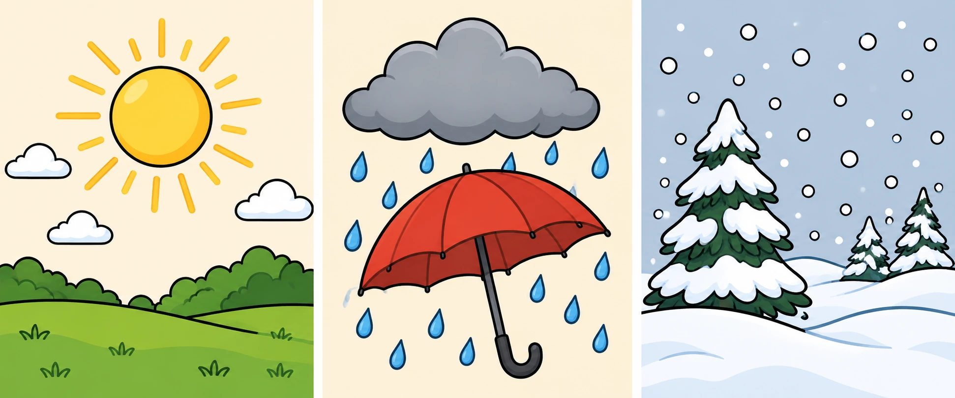 Von links nach rechts: Sonne, Regen und Schnee.