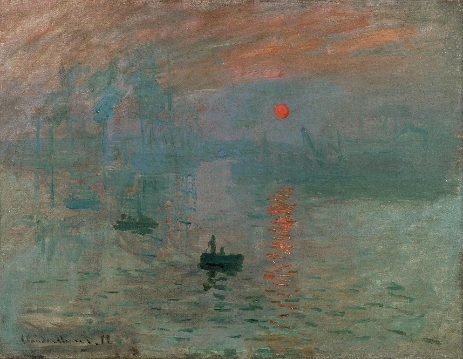 Barcas oscuras sobre el agua de un puerto brumoso; un sol naranja y su reflejo.