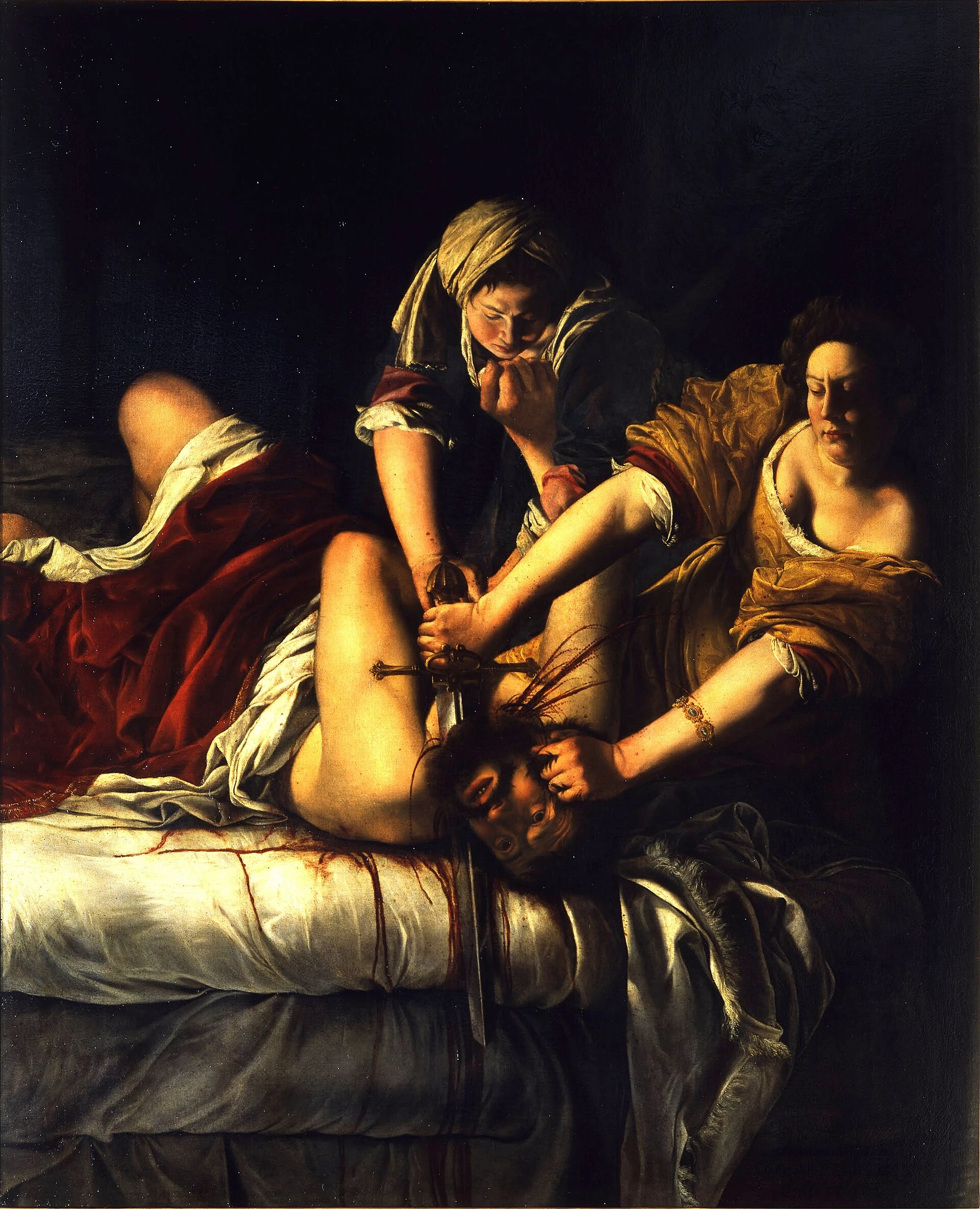 Judith y su acompañante sujetan a Holofernes mientras Judith lo decapita con una espada.