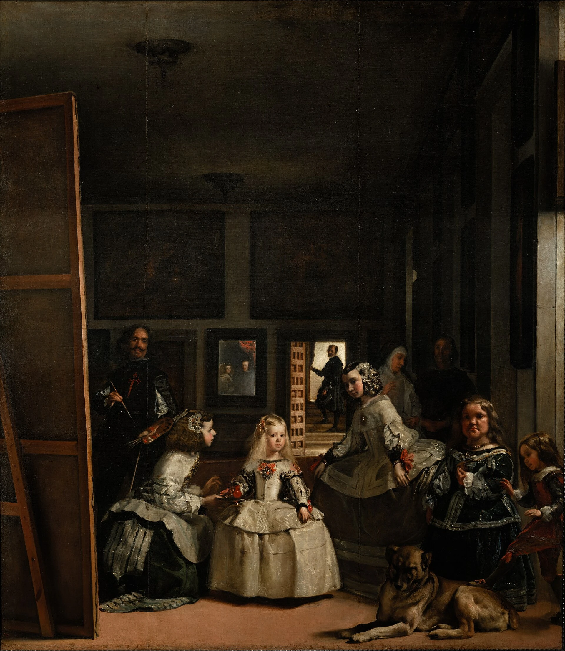 La infanta y sus acompañantes en una sala, con el pintor a la izquierda, un perro y un espejo al fondo.