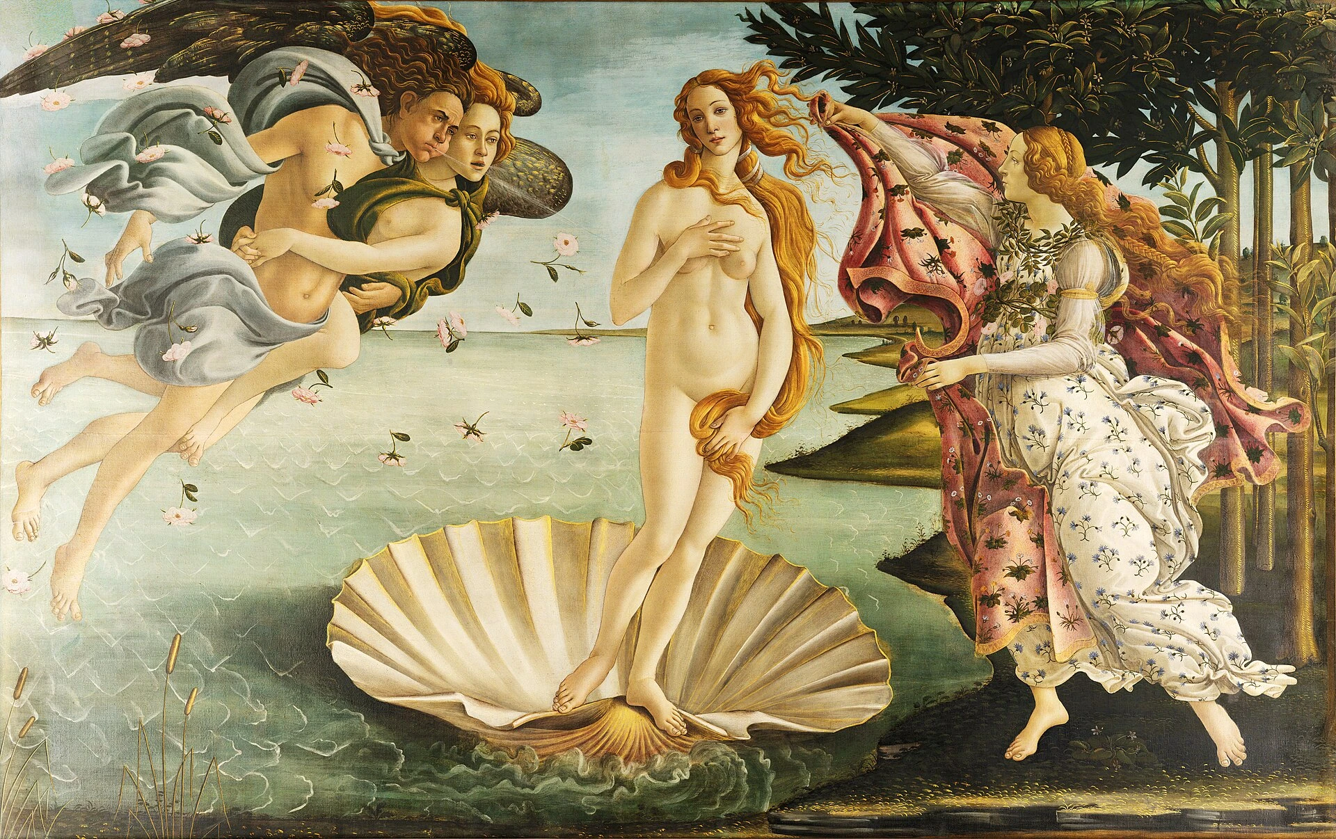 Venus sobre una concha en el mar; dos figuras vuelan a la izquierda y otra ofrece un manto a la derecha.