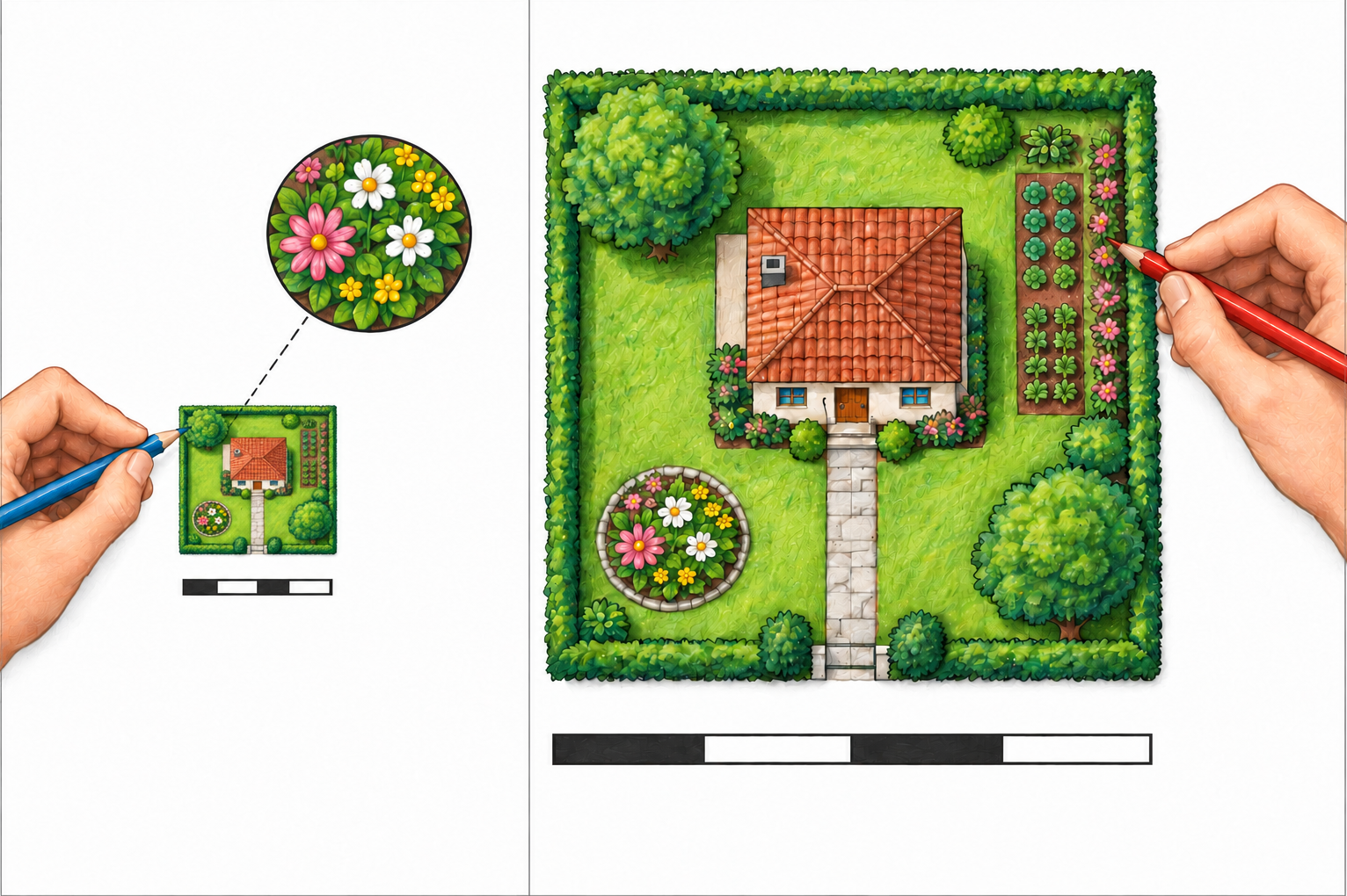 Duas mãos desenham uma casa e seu jardim em tamanhos diferentes. Barras gráficas acompanham os desenhos; um círculo amplia as flores do jardim menor.