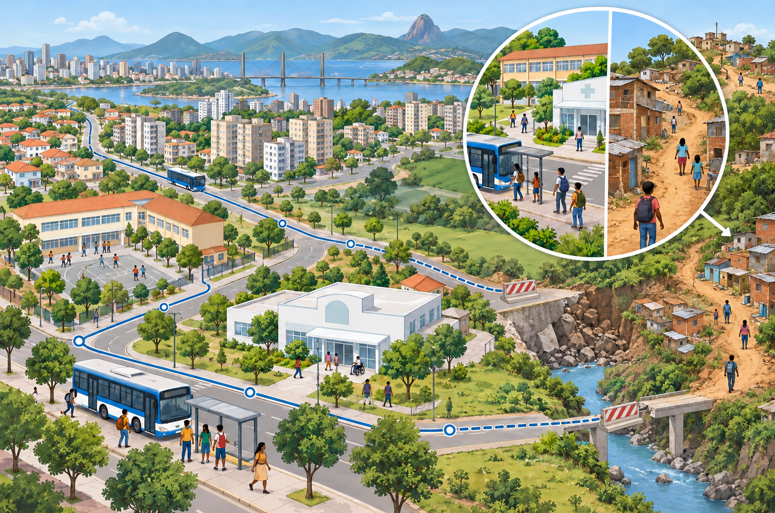 Vista de uma cidade com escola, unidade de saúde, ônibus e moradias. Uma rota azul tem trechos interrompidos por barreiras; um círculo compara uma parada com serviços próximos e uma rua de terra entre casas.