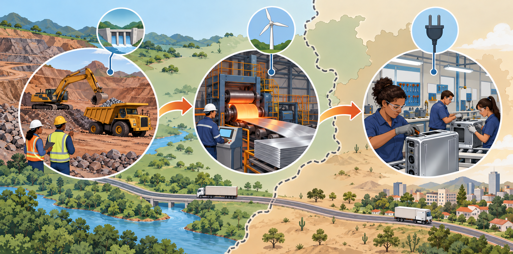 Três círculos ligados por setas mostram extração numa mina, transformação de metal numa fábrica e montagem de equipamentos numa oficina. Símbolos de barragem, turbina eólica e tomada aparecem acima; caminhões cruzam a paisagem.