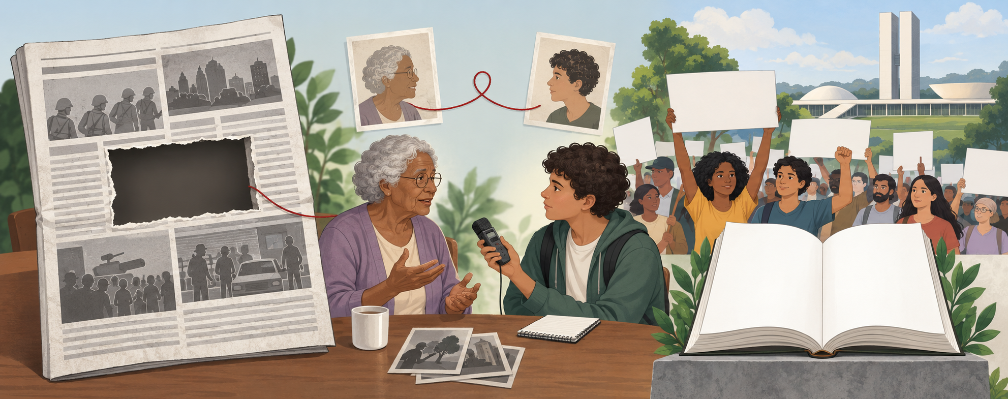 Composição com um jornal de espaço recortado, uma mulher idosa entrevistada por um jovem e uma manifestação com cartazes em branco diante de um edifício institucional. Um fio vermelho liga elementos da memória.