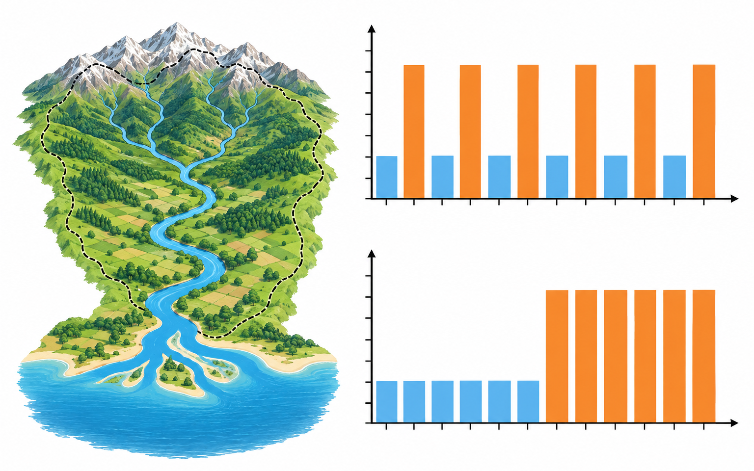 Esquema de bacia com montante e jusante e dois gráficos de igual total com distribuições temporais diferentes.