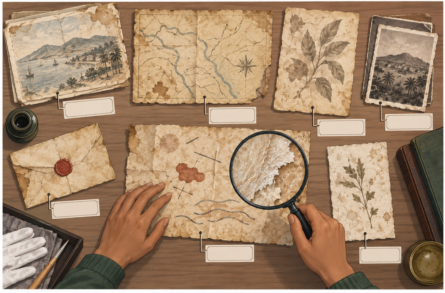 Mãos examinam com uma lupa documentos, mapas, fotografias e desenhos sobre uma mesa; os cartões de identificação estão vazios.