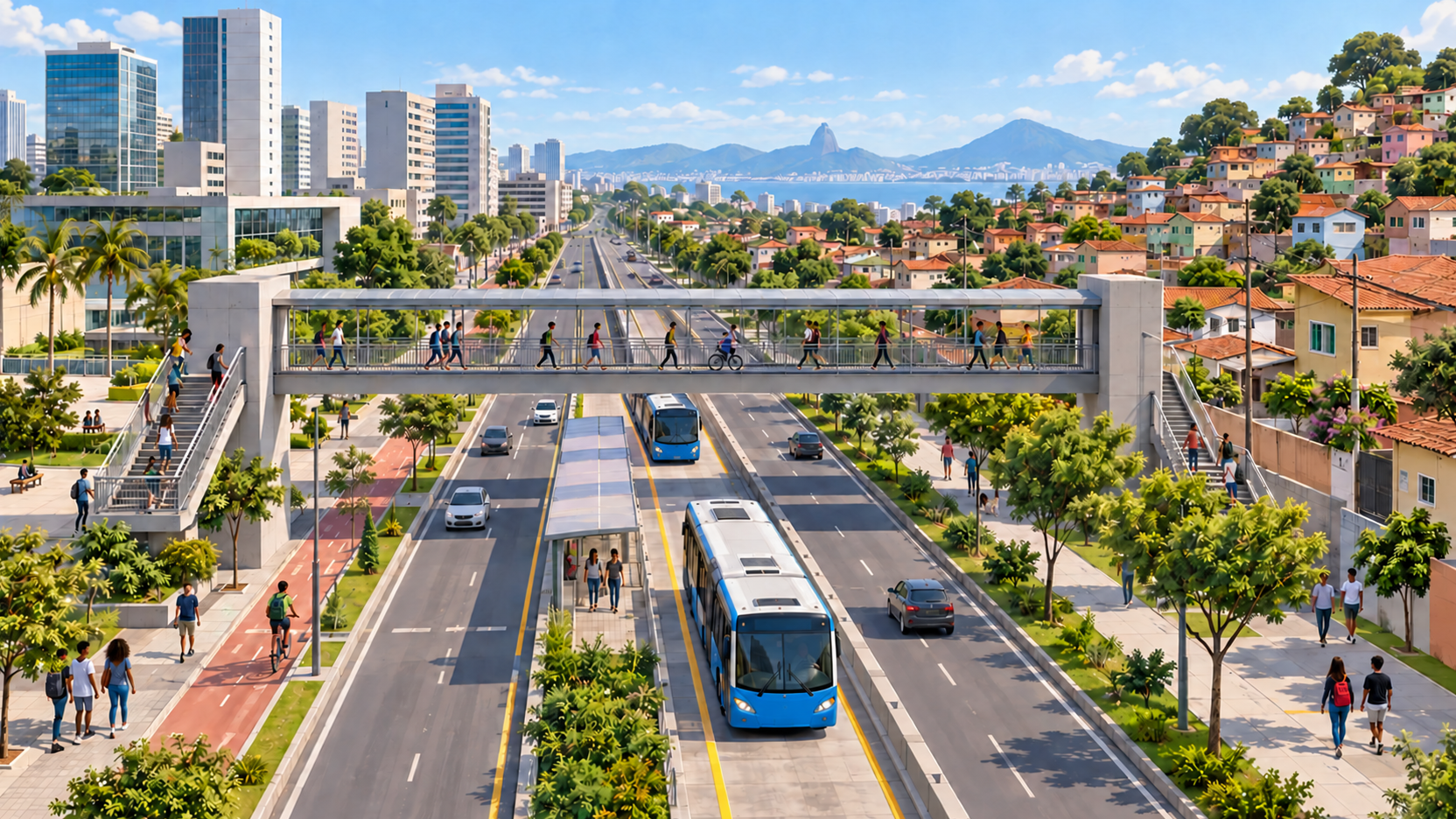 Uma passarela cruza uma avenida com ônibus, carros e ciclovia, ligando uma área de prédios altos a outra de casas no morro.