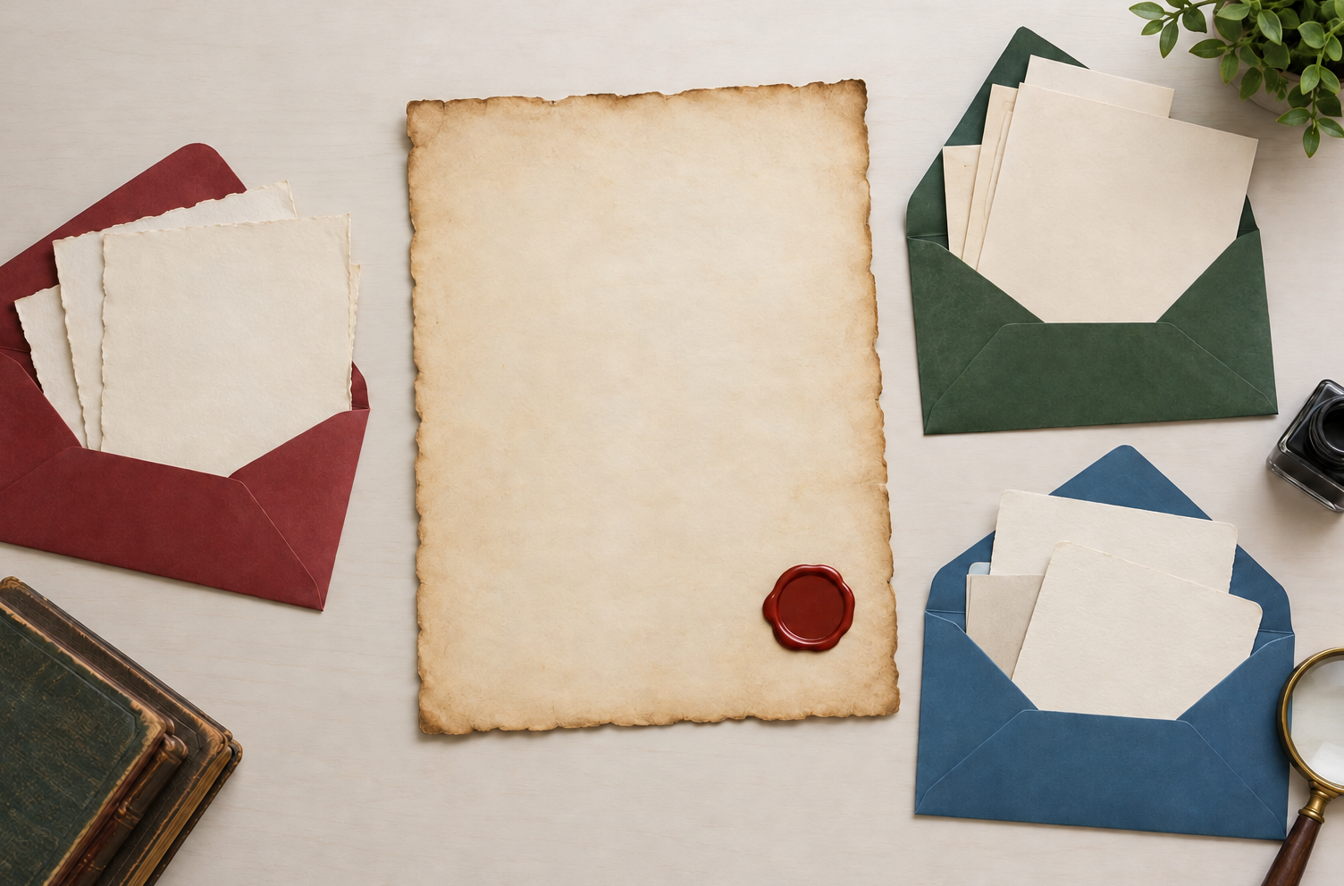 Papéis sem texto estão dispostos em envelopes vermelhos, verdes e azuis ao redor de um pergaminho com selo de cera.