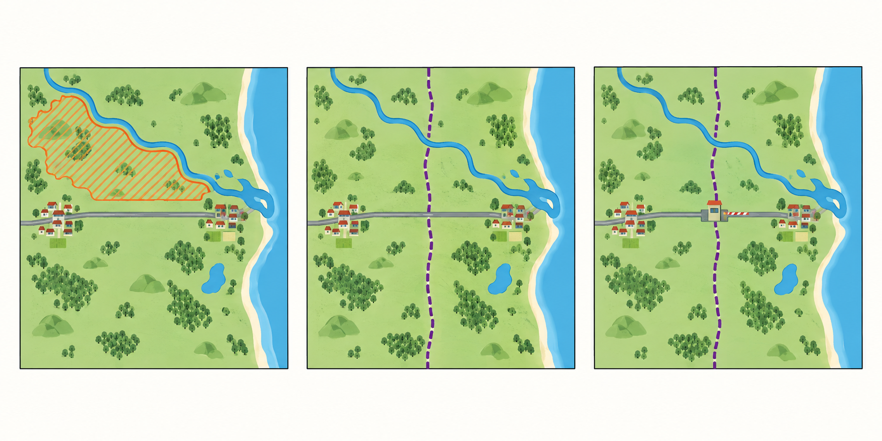 Três mapas do mesmo território mostram uma área hachurada, uma linha de fronteira e um posto com barreira na estrada.