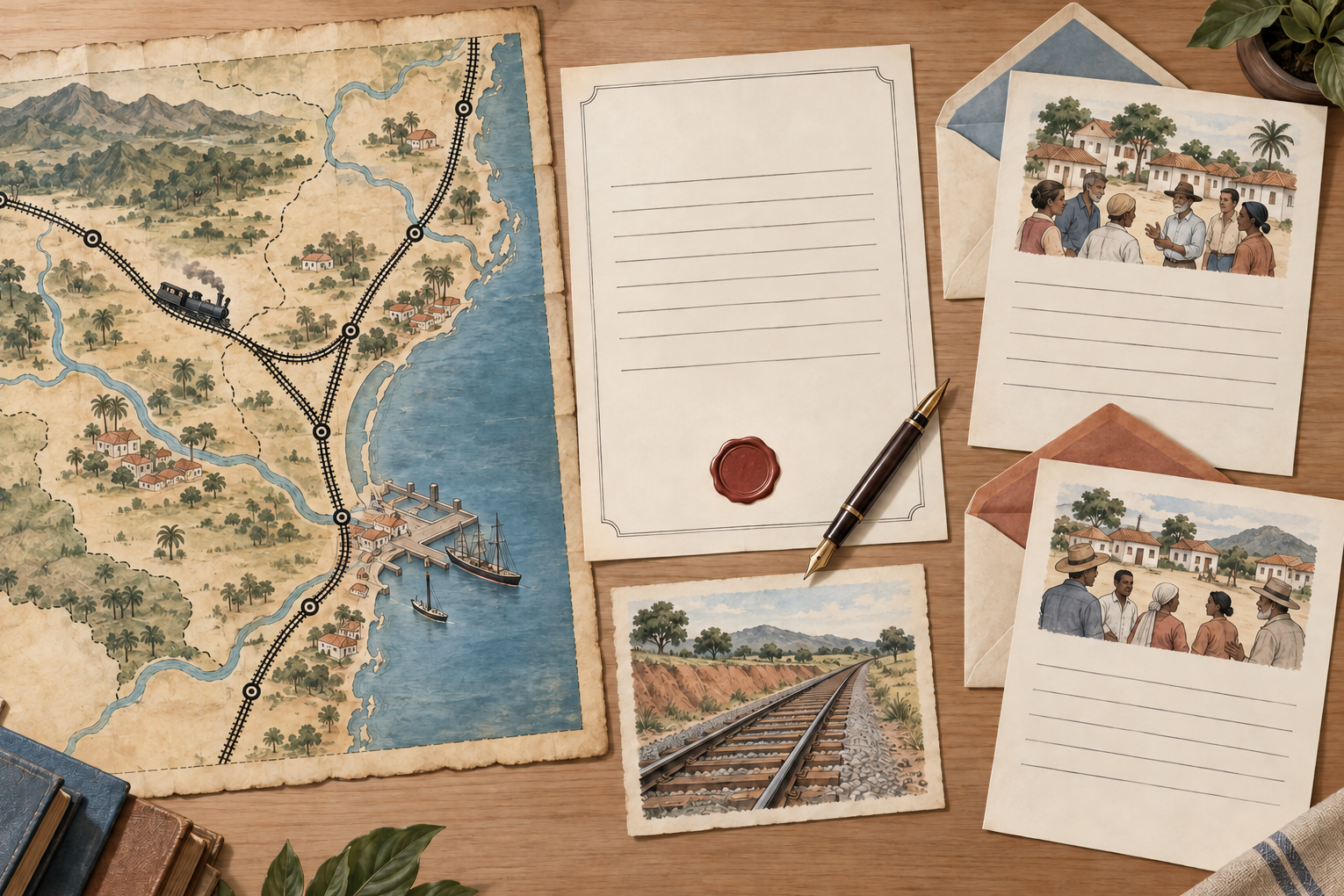 Um mapa ferroviário, uma fotografia de trilhos, imagens de pessoas reunidas e folhas sem texto estão dispostos sobre uma mesa.