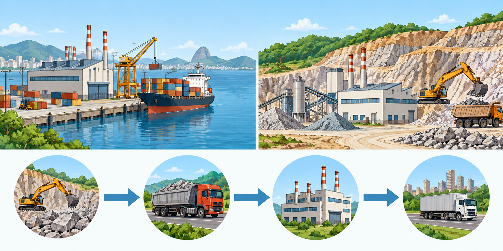Uma fábrica junto a um porto e outra junto a uma pedreira; abaixo, setas ligam extração, transporte, fábrica e distribuição.