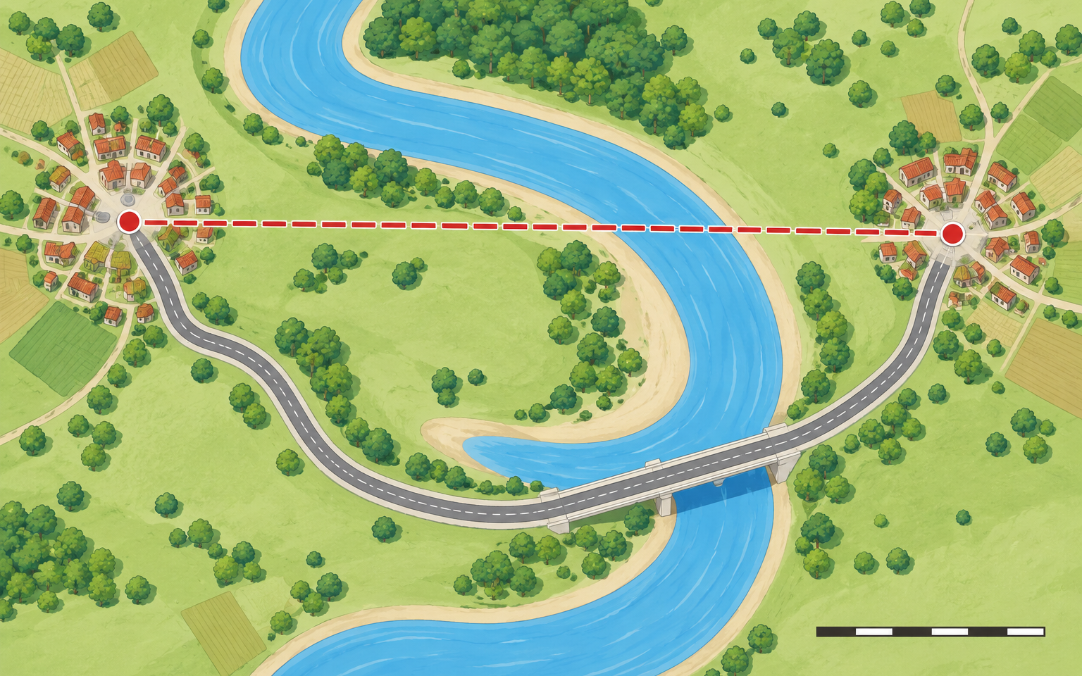 Mapa com duas aldeias separadas por um rio: uma linha vermelha liga-as diretamente e uma estrada curva cruza uma ponte; uma barra gráfica aparece no canto.