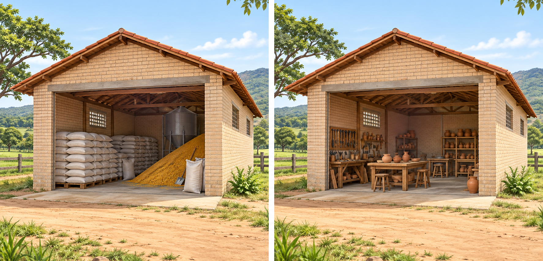 Duas vistas do mesmo galpão: uma contém sacos e grãos, e a outra contém mesas, ferramentas e peças de cerâmica.