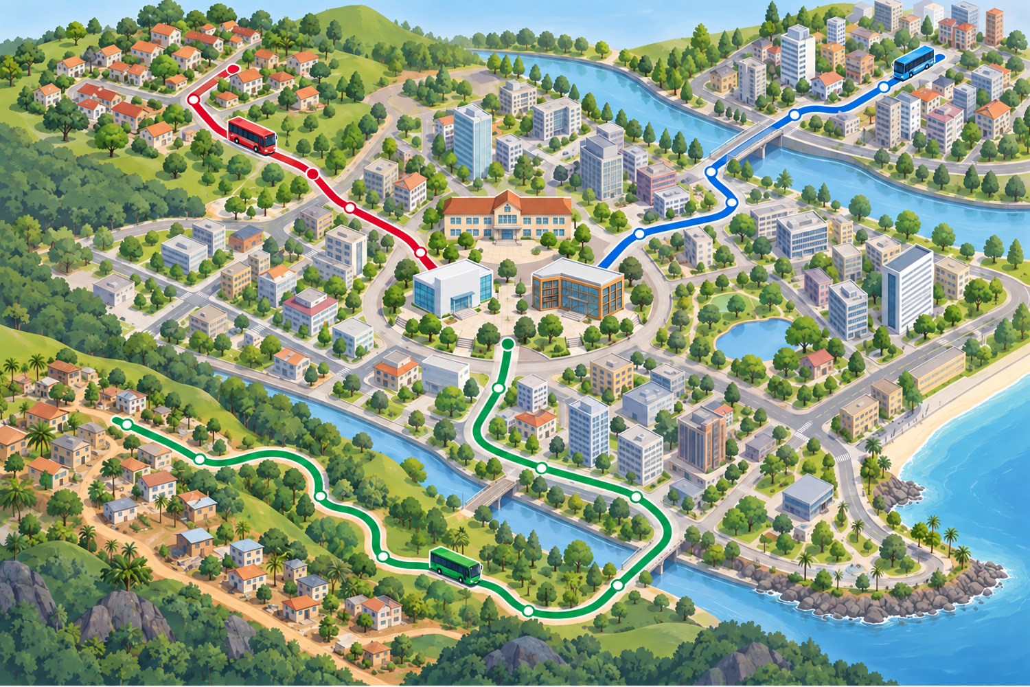 Mapa de uma cidade com três percursos de ônibus marcados em vermelho, azul e verde, passando por bairros e pontes.