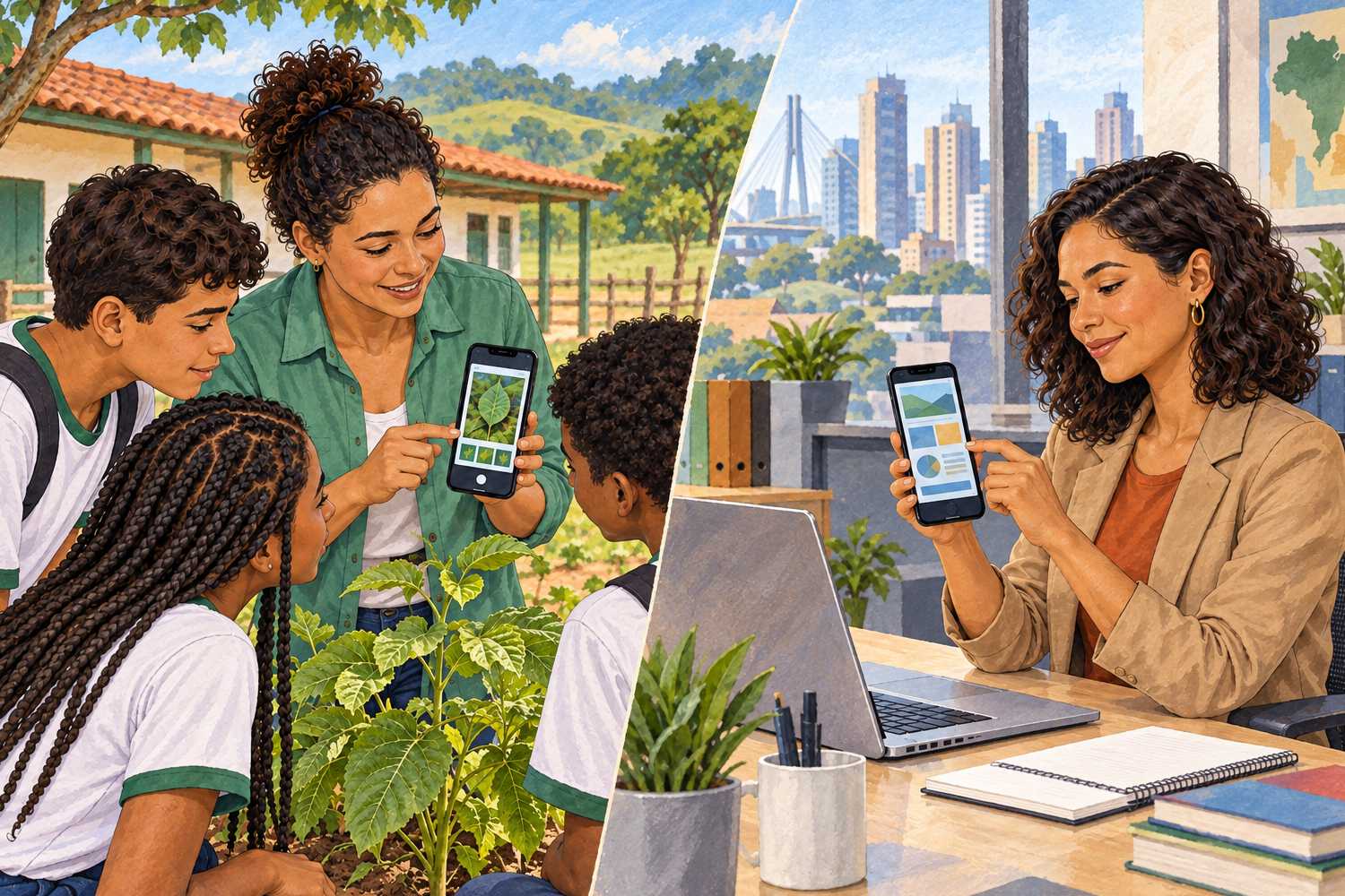 Uma professora mostra uma folha no celular a estudantes num jardim; em outro painel, uma mulher mostra gráficos no celular junto de um computador.