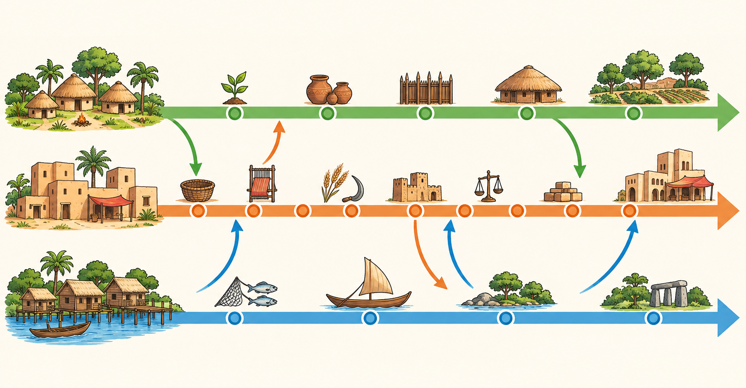 Três faixas verdes, laranjas e azuis mostram aldeias, objetos e atividades diferentes, ligadas por setas de contato.
