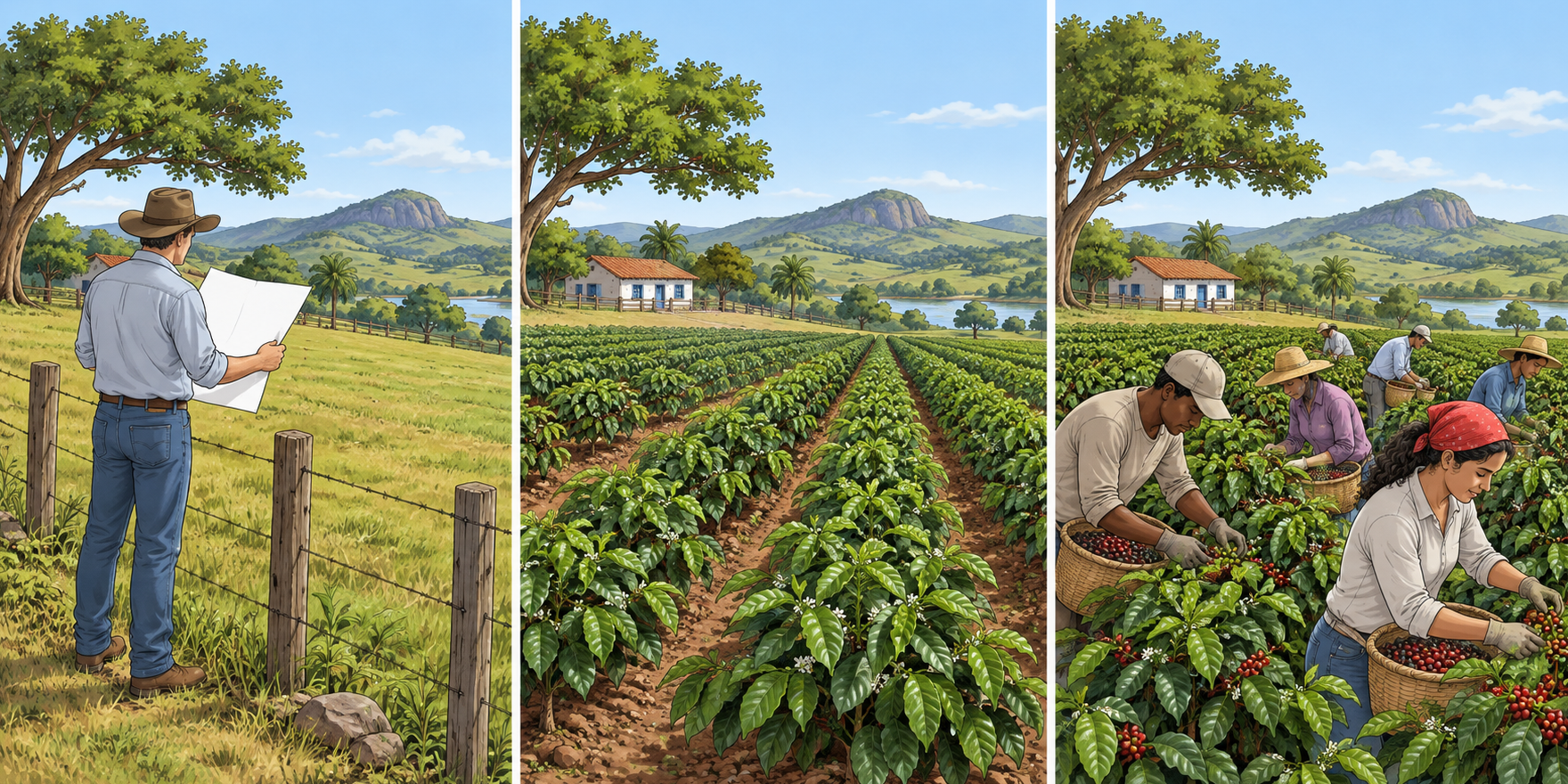 Três cenas no mesmo terreno mostram um homem com um documento, uma plantação e pessoas colhendo frutos.