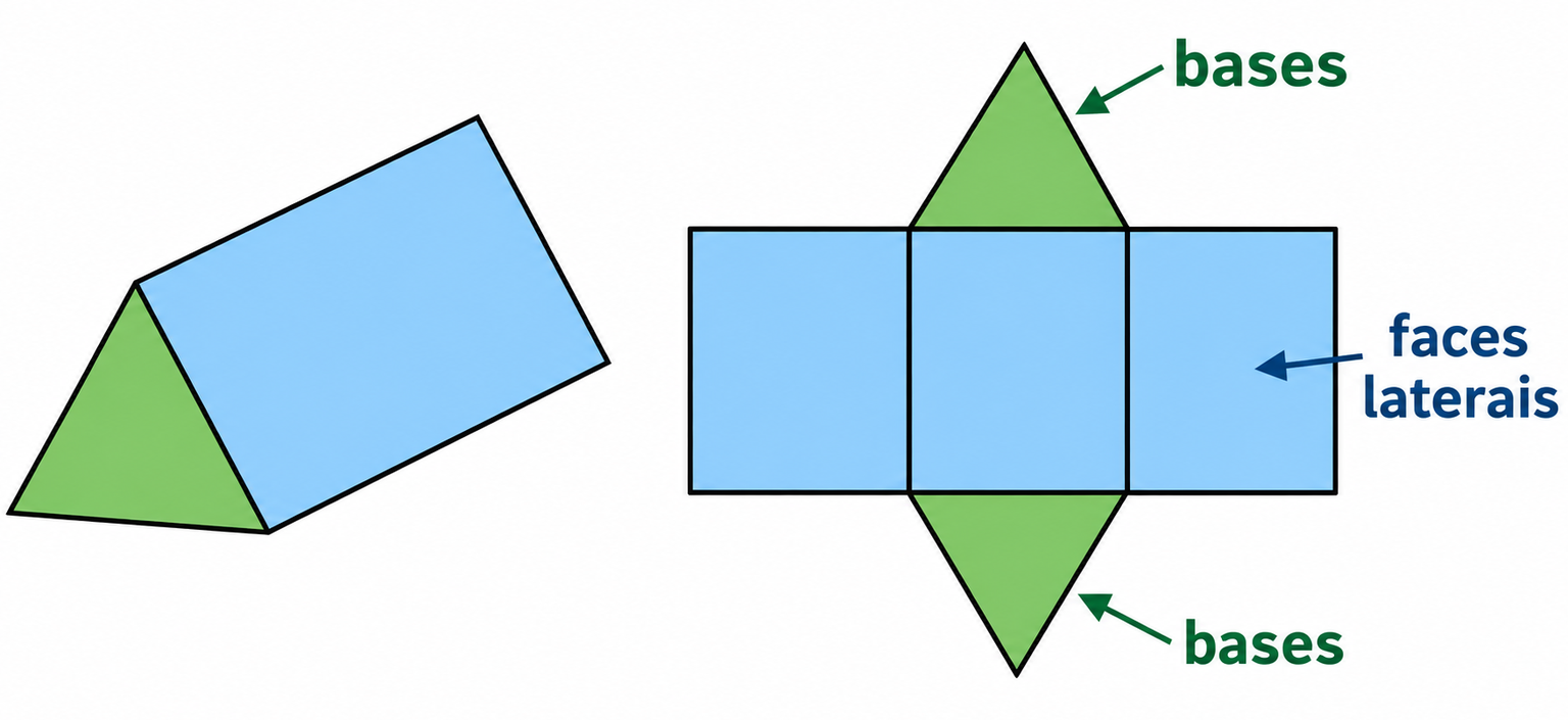 Prisma triangular com bases verdes e faces laterais azuis, ao lado da planificação com dois triângulos e três retângulos; setas identificam bases e faces laterais.