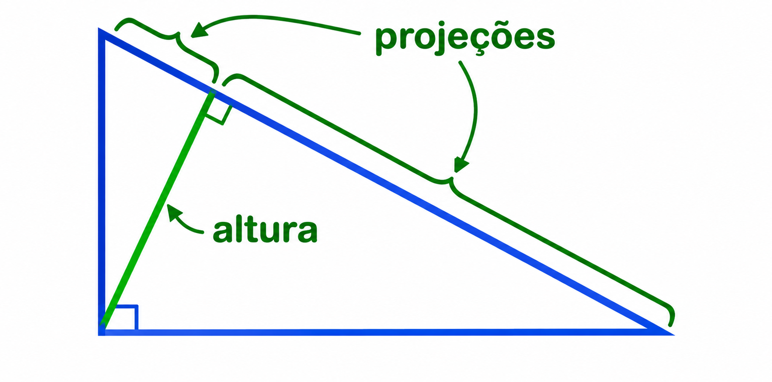 Triângulo retângulo azul com marca de ângulo reto entre os catetos; segmento verde identificado como “altura” até a hipotenusa, e duas partes desiguais dessa hipotenusa identificadas como “projeções”.